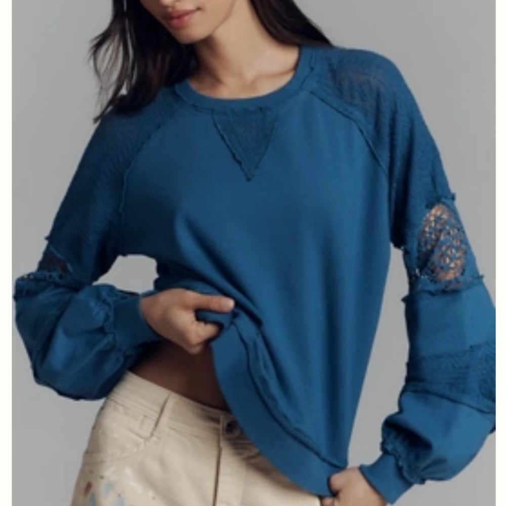 Anthropologie Blue Lace Balloon Sleeve top.